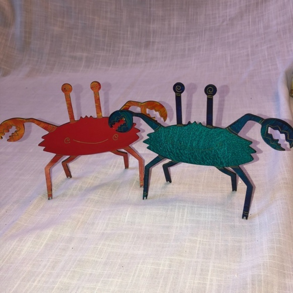 Blue and Red Metal Crabs by Claudine Buell Signed Vintage
